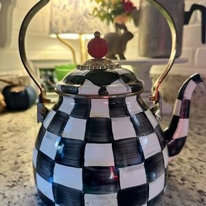 MacKenzie-Childs Black and White Checkered Teapot with Red Knob